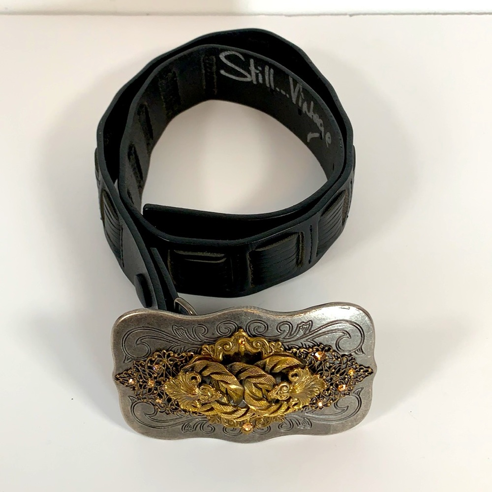 Still Vintage Black Leather 37 Inch Belt With Silver & Gold Metal Buckle